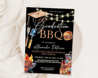 BBQ graduation invitation, editable college grad invite, backyard bbq graduation party invitation template, highschool graduation invite P92