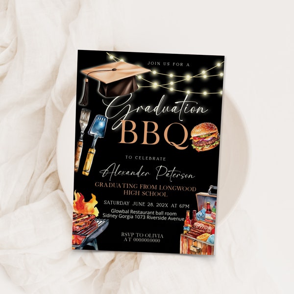 BBQ graduation invitation, editable college grad invite, backyard bbq graduation party invitation template, highschool graduation invite P92