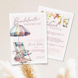 Beach bachelorette party invitation template, bachelorette weekend invite, girls tropical weekend, editable weekend itinerary invite, P51