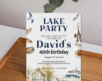 Lake House Party Invite, Yacht Birthday Invitation, Camping Fish Theme, Editable Template (Digital Download) P292