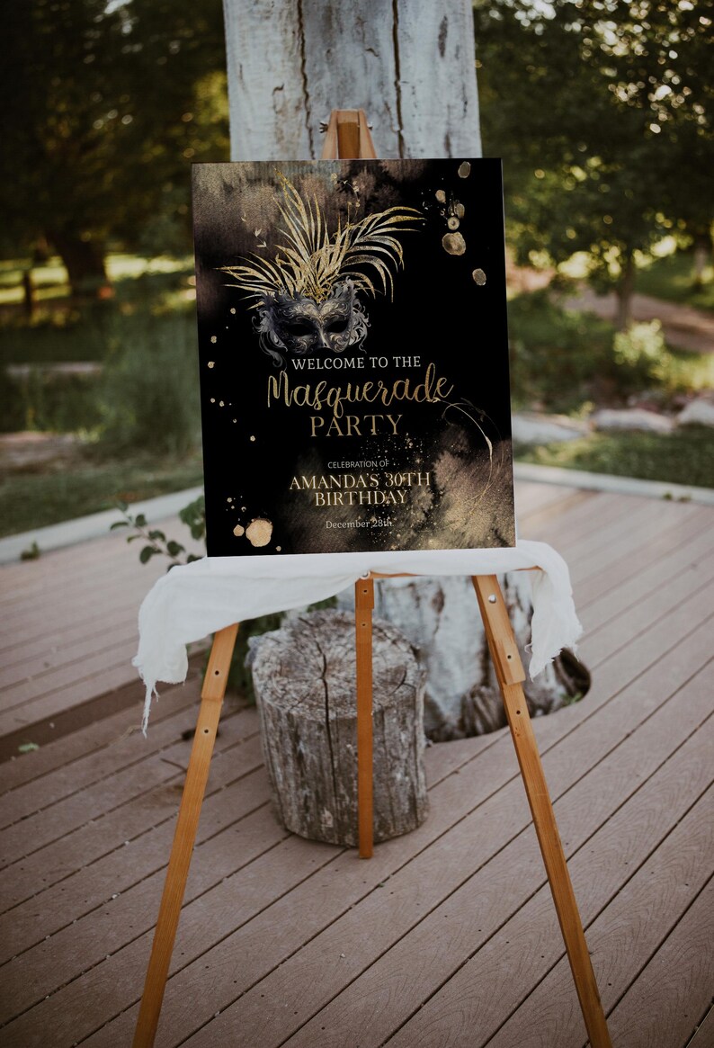 Black Gold Masquerade Party Welcome, Birthday Welcome Sign Template ...