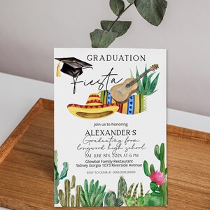 Puede incluir: Una invitaci&oacute;n blanca para una fiesta de graduaci&oacute;n con un tema de cactus y sombrero. La invitaci&oacute;n dice "Graduation Fiesta" e incluye el texto "Join us to honoring Alexander's Graduating from Longwood High School Sat. June 8th, 202X at 6 PM Glowbal Family Restaurant Sidney Gorgia 1073 Riverside Avenue RSVP to Olivia at 000.000.0000".