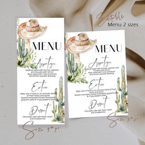 May include: Two white menu cards with a sombrero and cactus illustration. The menus list appetizers, entrees, and desserts. The text on the cards reads "Menu 2 sizes" and "Editable". One menu is 9" x 7", the other is 5" x 7".