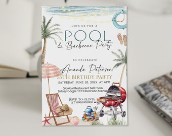 May include: Invitation to a pool and barbecue party to celebrate Amanda Paterson's 35th birthday. The party will be held on Saturday, June 28th, 202X at 6 PM at the Glowbal Restaurant ball room, Sidney Gorgia 1073 Riverside Avenue. RSVP to Olivia at 0000000000.