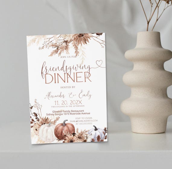 Boho friendsgiving dinner invitation template, editable thanksgiving invite, pumpkin party invite, pampas grass thanksgiving invite, P152