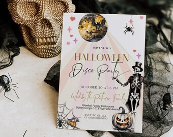 Spooky disco party invitation template, halloween dance party invite, editable skeleton dance party invite, halloween birthday invite, P147