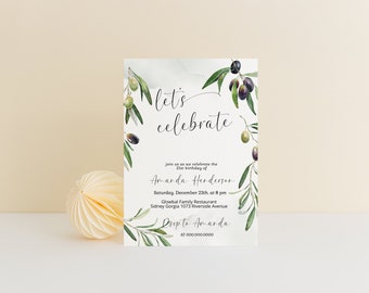 Greenery 21th birthday Invite, olive birthday invitation, olive branches birthday Invite template, EDITABLE summer birthday invitation, P76
