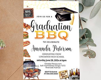 Graduation BBQ Invitation, Backyard Grad Party, Grill Teme High School Invite, Editable Template, P250