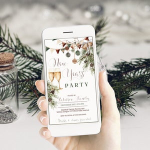 May include: A smartphone displays a New Year's Party invitation. The invitation features elegant script, champagne flutes, and festive decorations. Details include the host, date, time, location, and RSVP information. The design incorporates green and brown tones with decorative elements.