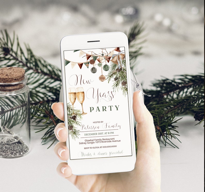 May include: A smartphone displays a New Year's Party invitation. The invitation features elegant script, champagne flutes, and festive decorations. Details include the host, date, time, location, and RSVP information. The design incorporates green and brown tones with decorative elements.
