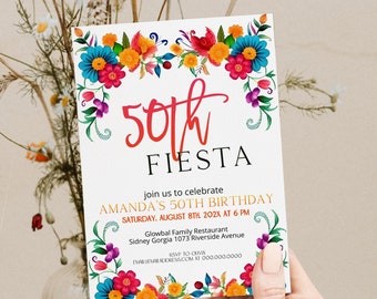 Fiesta 50th birthday invite template, floral fiesta party invitation, printable mexican theme invitation, editable birthday invite, P14