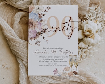 May include: A rectangular invitation card for a 90th birthday celebration. The card features floral accents in shades of blue, purple, and cream. The text reads "ninety" and "Amanda's 90th Birthday".