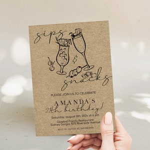 Sips & snacks invitation template, cheers to 21 years, kraft paper birthday invite, birthday cocktail party invite, modern minimal, P20
