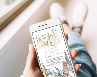 Travel Baby Shower Invitation Template, Adventure Party Evite, World Map, Editable Digital Invite, P129