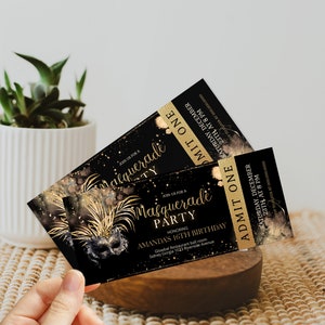 Masquerade birthday party ticket invitation template, sweet 16 masquerade ticket, editable birthday party invitation, any age invite, P56
