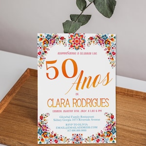 Invitación de 50 Años, colorful floral invite, editable spanish birthday invite template, Mexican flowers birthday invite, any age, P247