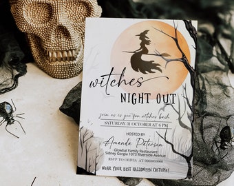 May include: A Halloween-themed invitation with the text "Witches Night Out" featuring a witch silhouette against an orange moon. A gold skull and black spiders decorate the scene, creating a spooky atmosphere.