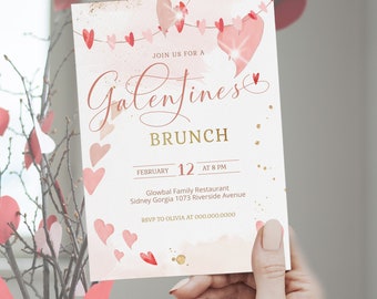 Peach heart galentines day brunch invitations, editable heart galentine's day invitation template, printable valentine's party invite, P31