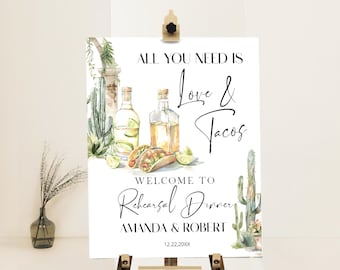 Rehearsal dinner welcome sign template, all you need is love and taco, editable wedding sign, the night before sign, fiesta party decor P121