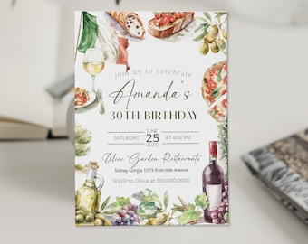 Italy Theme Birthday Invitation, Wine Pizza Birthday Party Invite, ANY AGE, Editable Template, P115