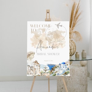 Santorini bridal shower welcome sign template, greece themed wedding poster, editable welcome sign, world map, adventure party decor, P274