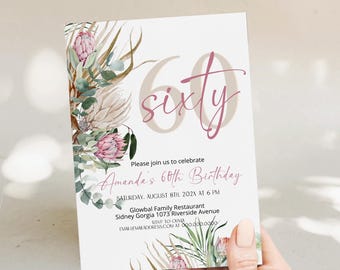 Boho Floral Birthday Invitation Template, Tropical Protea, Editable Any Age Invite (Digital Download) P181