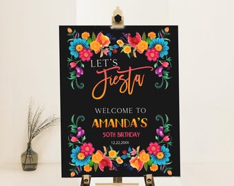 Black Background & Colorful Flowers Fiesta Welcome Sign, Mexican Theme Birthday, Editable Printable Template, P14