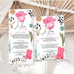 Disco cowgirl menu card, pink space cowgirl menu card, editable western theme menu template, rodeo party menu, disco birthday menu, P112