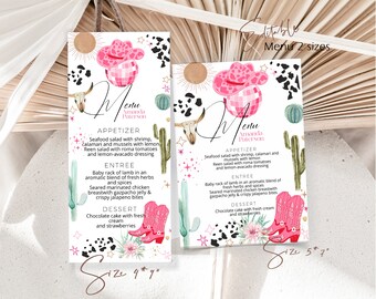 Disco cowgirl menu card, pink space cowgirl menu card, editable western theme menu template, rodeo party menu, disco birthday menu, P112