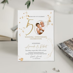 50th wedding anniversary invitation template, editable golden anniversary invite, printable wedding anniversary invite with photo, P99