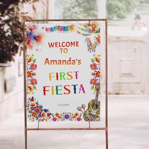 First fiesta birthday welcome sign template, editable birthday welcome sign, mexican theme party poster, colorful floral welcome sign, P210