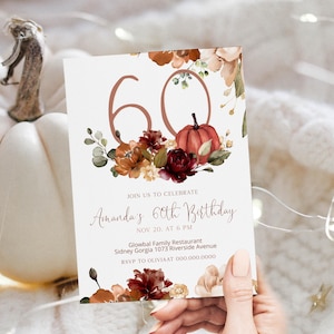 Pumpkin 60th birthday invitation template, floral birthday party invite, autumn birthday invite, any age, editable birthday invite, P163