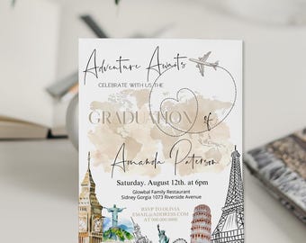 Adventure Awaits Graduation Party Template, Travel Theme Invite for Grad Party, Editable College Grad, World Map, P129