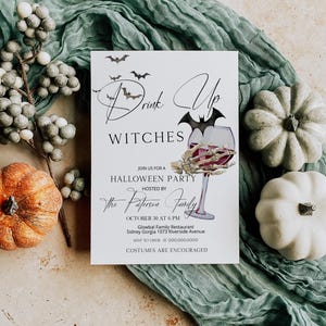 Drink up witches halloween invitation template, editable witch party invite, witch&#39;s night out invite, adult halloween party invite, P161