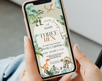 Three Rex dinosaur birthday evite, dinosaur birthday digital invitation, dino 3rd birthday evite template, any age birthday invite, P106