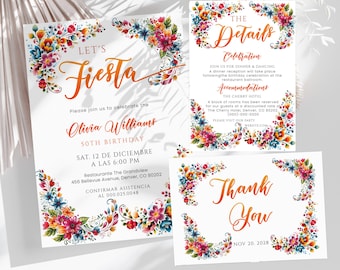 Mexican Fiesta Birthday Invitation Set, Editable Flower Talavera Adult Party Invite Template with Details Card and Thank You, P201