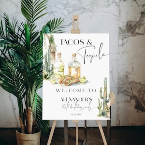 Op de afbeelding: Een wit welkomsbord met een aquarel-illustratie van taco's, tequilaflessen en cactussen. De tekst luidt "Tacos & Tequila" en "Welkom op Alexanders 35e verjaardagsparty 12.22.20XX".