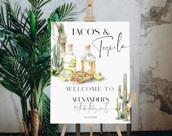 Tacos and tequila  35th birthday welcome sign template,  any age, editable fiesta birthday poster, cactus party, mexican themed party, P121