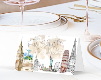 Around the world food labels template, editable food labels card, world map adventure party card, place card, travel theme party decor, P129