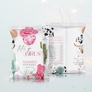 Let's go girls chip bag template, pink cowgirls chip label, editable disco cowgirl party decor, printable cowgirl theme chip bag P112