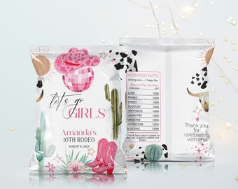 Let's go girls chip bag template, pink cowgirls chip label, editable disco cowgirl party decor, printable cowgirl theme chip bag P112