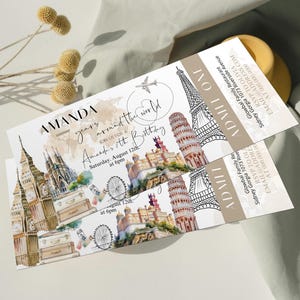 Around the world birthday ticket invite, world map, travel party ticket, adventure awaits birthday invitation template, editable ticket P129
