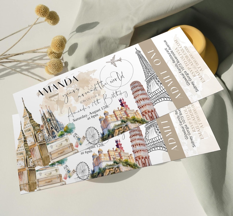 Around the World Birthday Ticket Invite, World Map, Travel Party Ticket ...