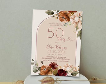 Invitación de 50 años, invitacion de 50 anos, any age, editable spanish birthday invite template, boho floral 50th birthday invite, P163