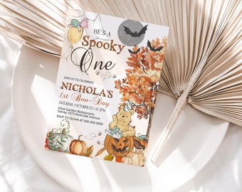 Winnie-The-Pooh Halloween Spooky ONE Party Invitation, First Boo Day Pumpkin Invite, Editable Fall Template, P335