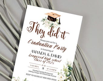 They did it graduation invitation template, double graduation party invite, editable college graduation invite, highschool graduation, P251