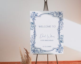 Chinoiserie Birthday Welcome Sign, Blue Toile Lets Celebrate Party, Vintage Brunch Party Decor, Editable Printable Template, P179