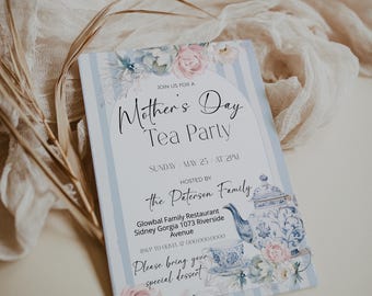 Mothers Day Tea Invitation Template, Editable Brunch For Mom, Blush Tea Party Invite, P258
