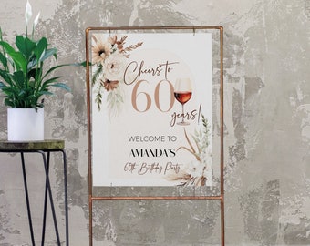 Cheers to 60 years welcome sign template, editable boho floral custom sign, printable birthday welcome sign, any age, party decoration, P94