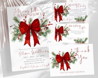May include: A set of white baby shower stationery featuring red bows, pine branches, berries, and pinecones. The text includes A Merry Little Baby Shower, Olivia Williams, Dec. 21st at 5pm, The Grandview Restaurant, 456 Bellevue Avenue, New York, NY, Books for baby, Diaper raffle, and Thank You.